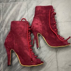 SHEIN Peep Toe Lace Up Boots- Burgundy